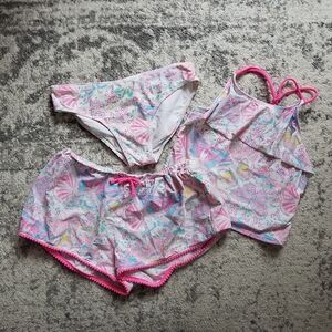 Children's Place Pink/White Kids Butterfly Tankini Set 3 Piece Girls Large 10/12